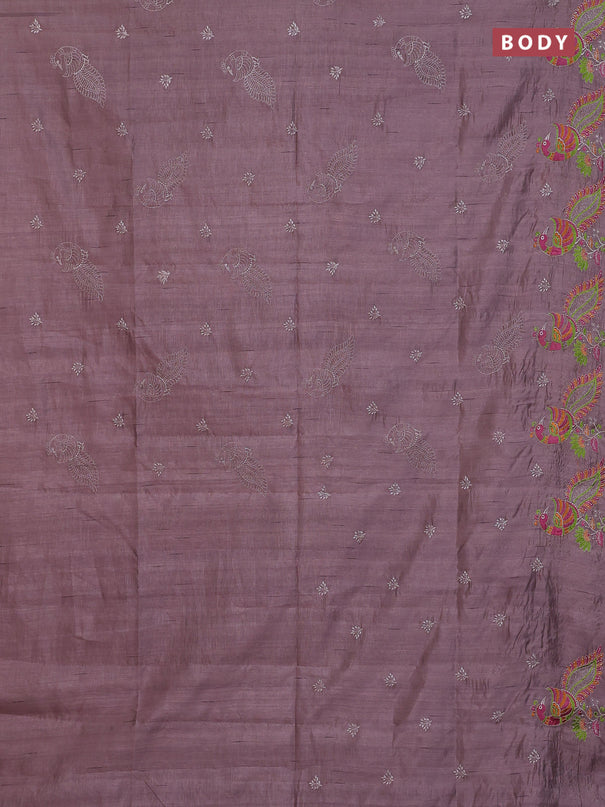 Semi raw silk saree rosy brown shade with embroidery work buttas and peacock embroidery border