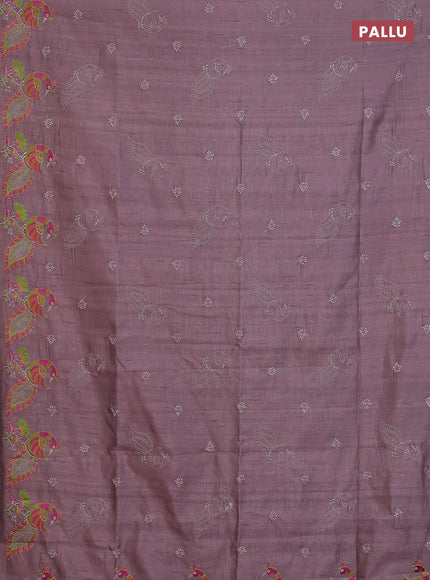 Semi raw silk saree rosy brown shade with embroidery work buttas and peacock embroidery border