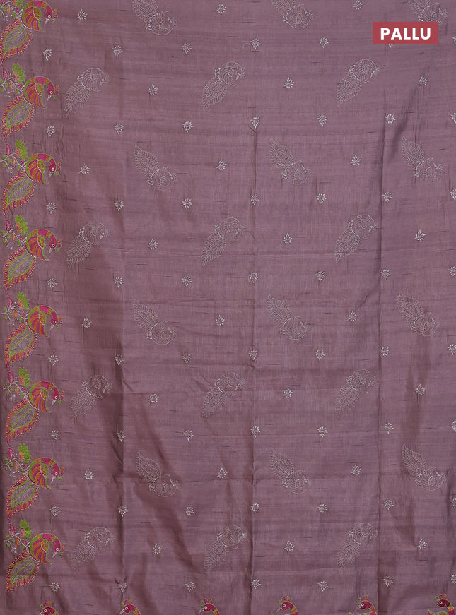 Semi raw silk saree rosy brown shade with embroidery work buttas and peacock embroidery border