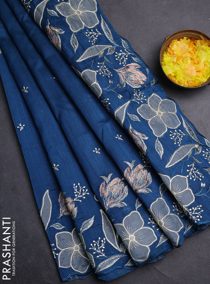 Semi raw silk saree peacock blue with embroidery work buttas and floral embroidery border