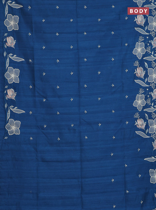 Semi raw silk saree peacock blue with embroidery work buttas and floral embroidery border