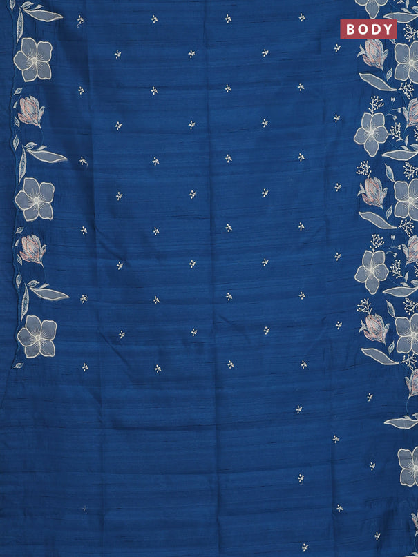 Semi raw silk saree peacock blue with embroidery work buttas and floral embroidery border