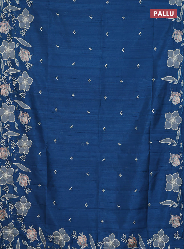 Semi raw silk saree peacock blue with embroidery work buttas and floral embroidery border