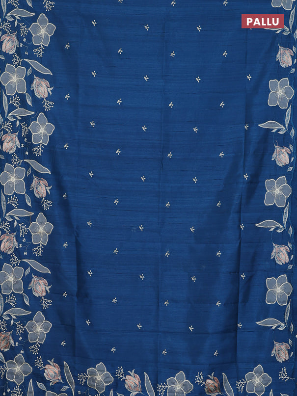Semi raw silk saree peacock blue with embroidery work buttas and floral embroidery border
