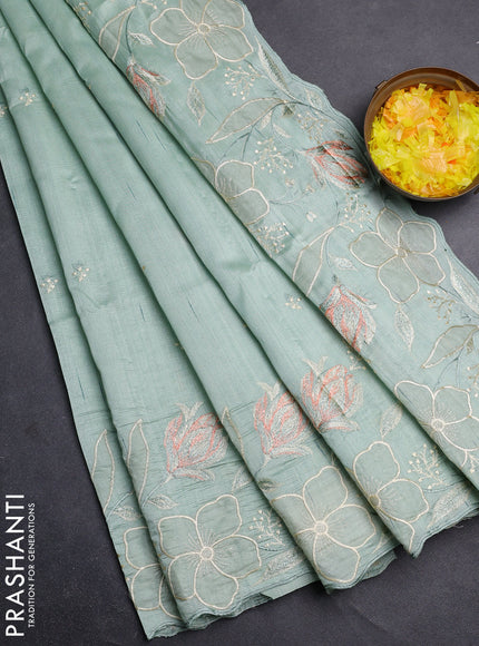 Semi raw silk saree pastel green with embroidery work buttas and floral embroidery border