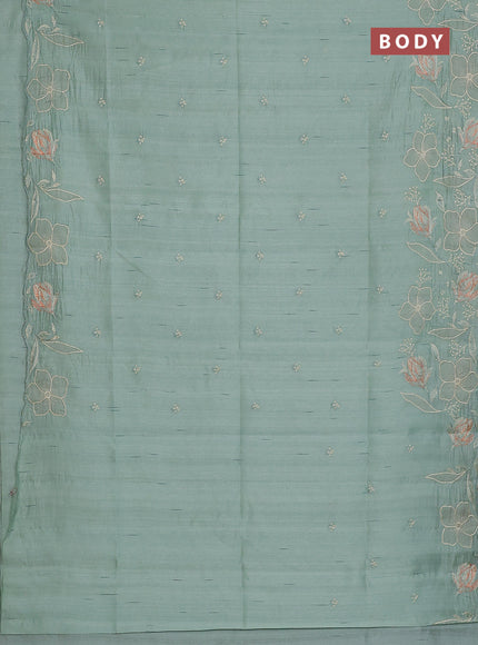 Semi raw silk saree pastel green with embroidery work buttas and floral embroidery border
