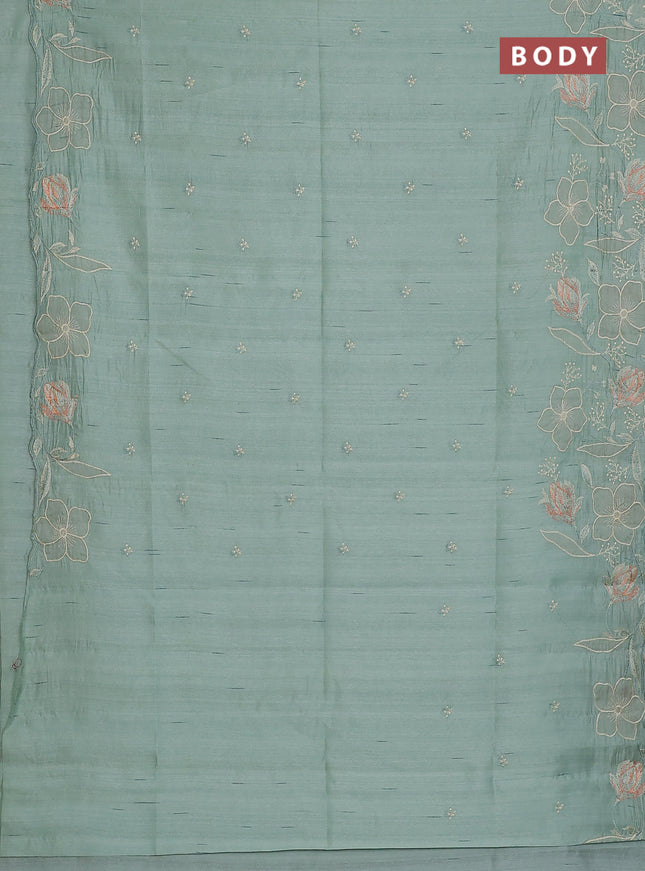 Semi raw silk saree pastel green with embroidery work buttas and floral embroidery border