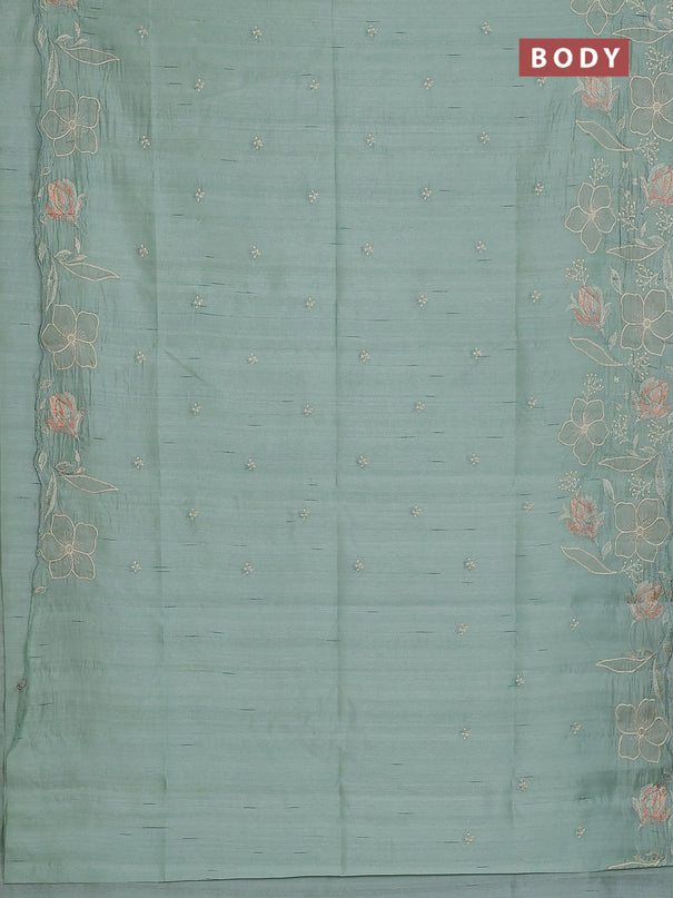 Semi raw silk saree pastel green with embroidery work buttas and floral embroidery border