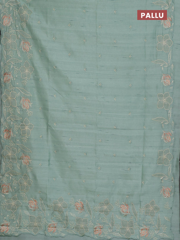 Semi raw silk saree pastel green with embroidery work buttas and floral embroidery border