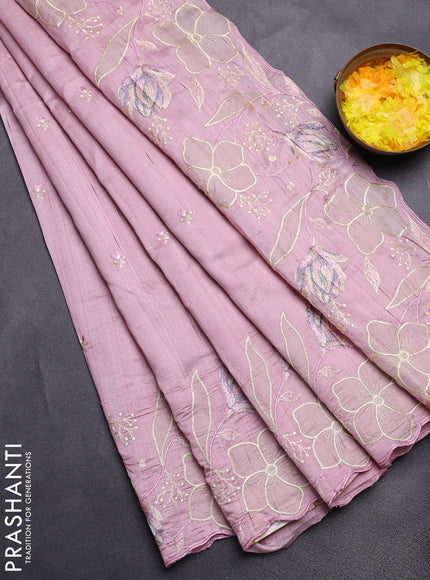Semi raw silk saree pastel pink with embroidery work buttas and floral embroidery border