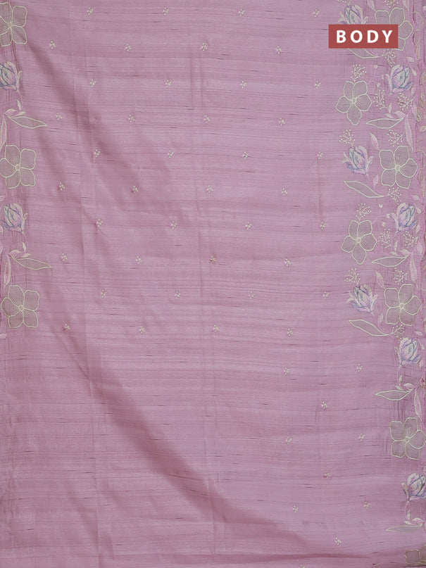 Semi raw silk saree pastel pink with embroidery work buttas and floral embroidery border