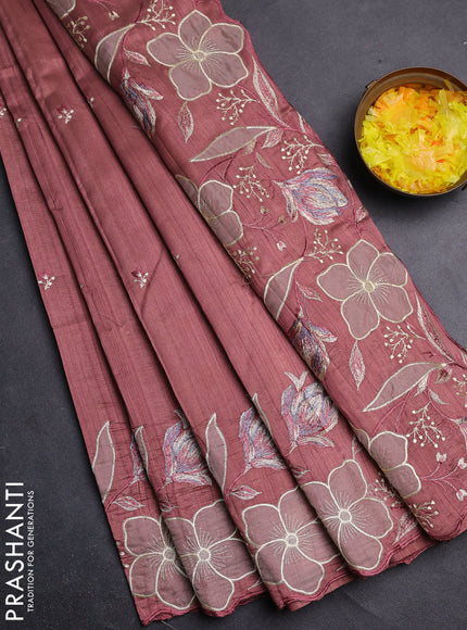 Semi raw silk saree rosy brown with embroidery work buttas and floral embroidery border