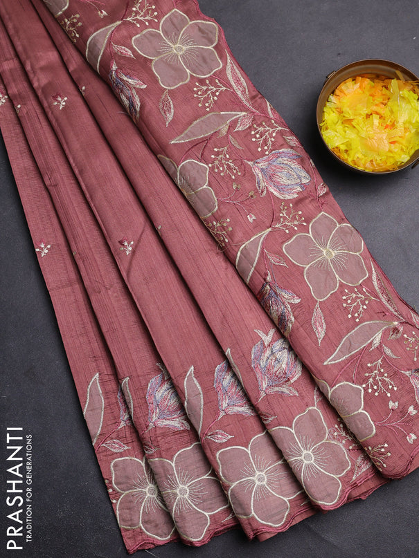 Semi raw silk saree rosy brown with embroidery work buttas and floral embroidery border