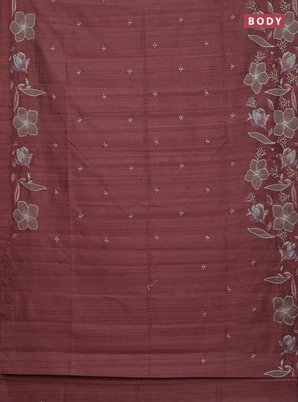 Semi raw silk saree rosy brown with embroidery work buttas and floral embroidery border