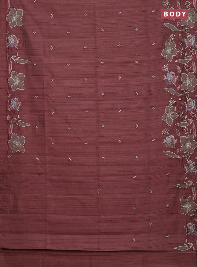 Semi raw silk saree rosy brown with embroidery work buttas and floral embroidery border