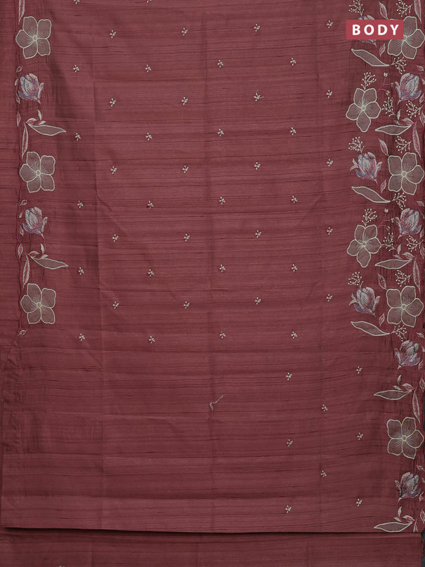 Semi raw silk saree rosy brown with embroidery work buttas and floral embroidery border