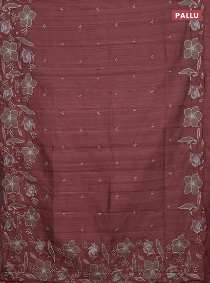 Semi raw silk saree rosy brown with embroidery work buttas and floral embroidery border
