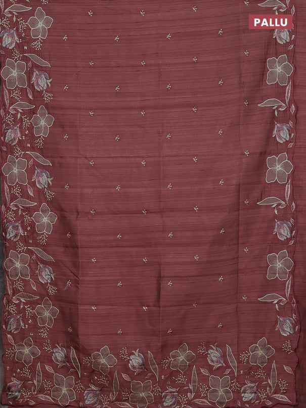 Semi raw silk saree rosy brown with embroidery work buttas and floral embroidery border