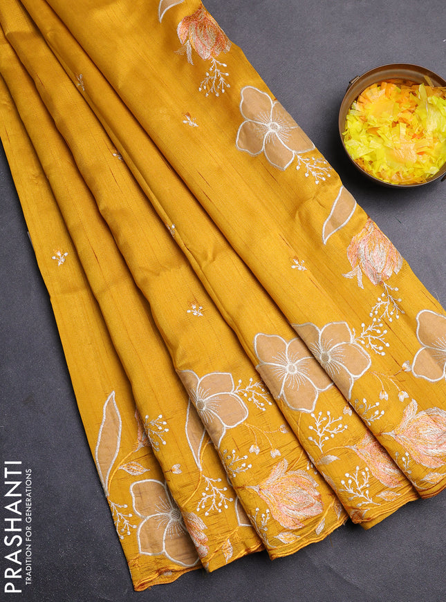 Semi raw silk saree mustard yellow with embroidery work buttas and floral embroidery border