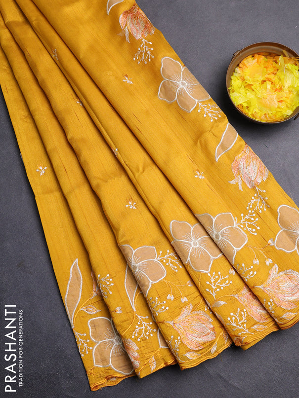 Semi raw silk saree mustard yellow with embroidery work buttas and floral embroidery border