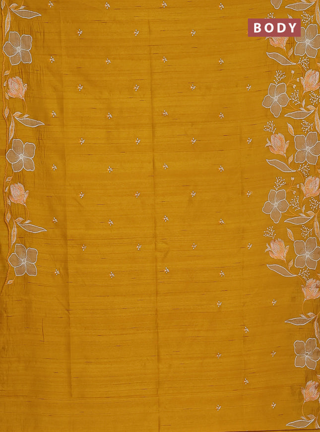 Semi raw silk saree mustard yellow with embroidery work buttas and floral embroidery border