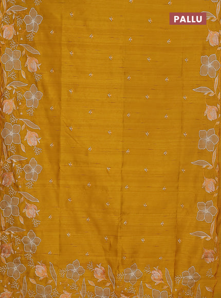 Semi raw silk saree mustard yellow with embroidery work buttas and floral embroidery border