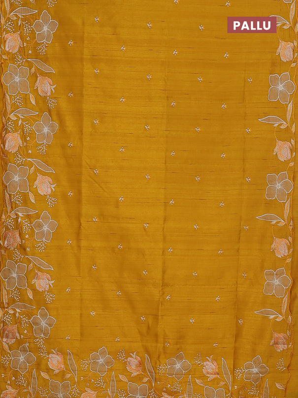 Semi raw silk saree mustard yellow with embroidery work buttas and floral embroidery border