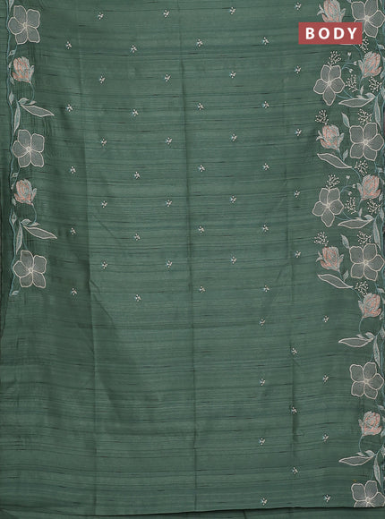 Semi raw silk saree green shade with embroidery work buttas and floral embroidery border