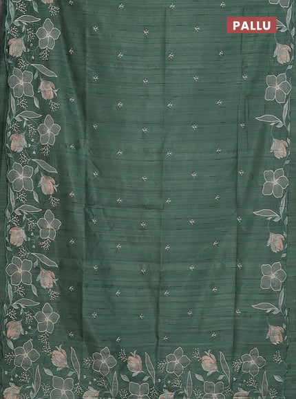 Semi raw silk saree green shade with embroidery work buttas and floral embroidery border