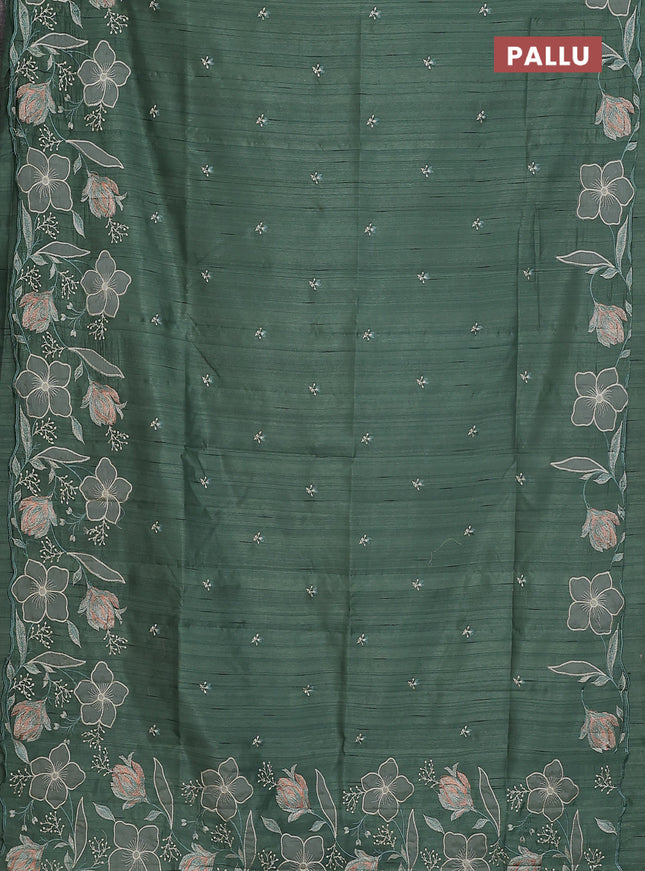 Semi raw silk saree green shade with embroidery work buttas and floral embroidery border