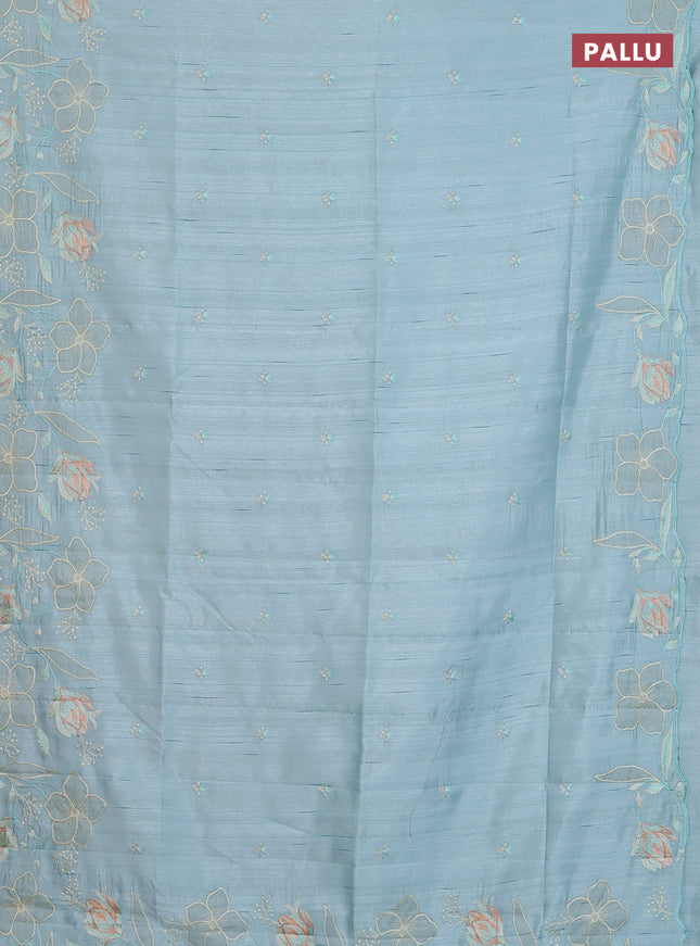 Semi raw silk saree pastel blue with embroidery work buttas and floral embroidery border