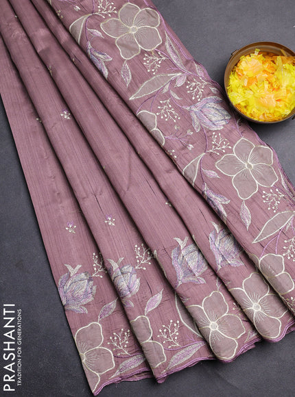 Semi raw silk saree pastel purple shade with embroidery work buttas and floral embroidery border