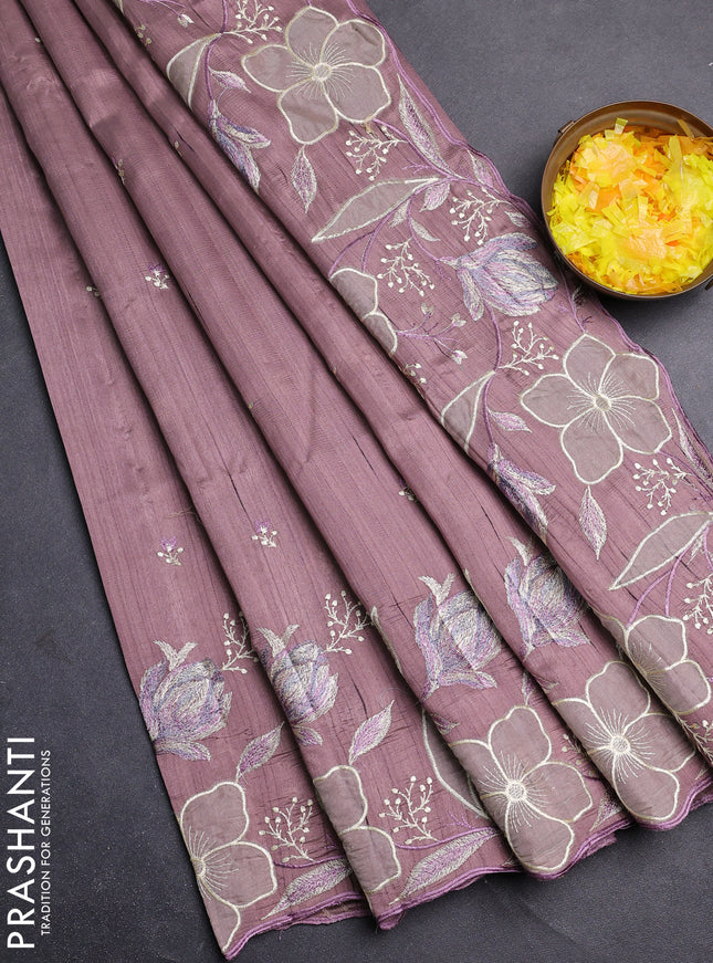 Semi raw silk saree pastel purple shade with embroidery work buttas and floral embroidery border
