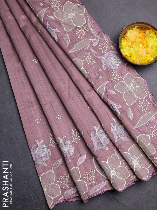 Semi raw silk saree pastel purple shade with embroidery work buttas and floral embroidery border