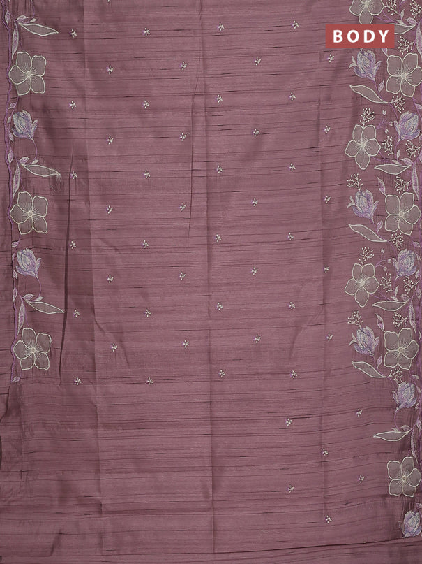 Semi raw silk saree pastel purple shade with embroidery work buttas and floral embroidery border