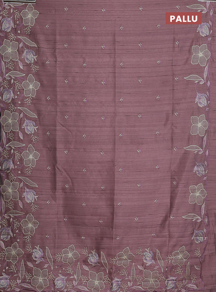 Semi raw silk saree pastel purple shade with embroidery work buttas and floral embroidery border