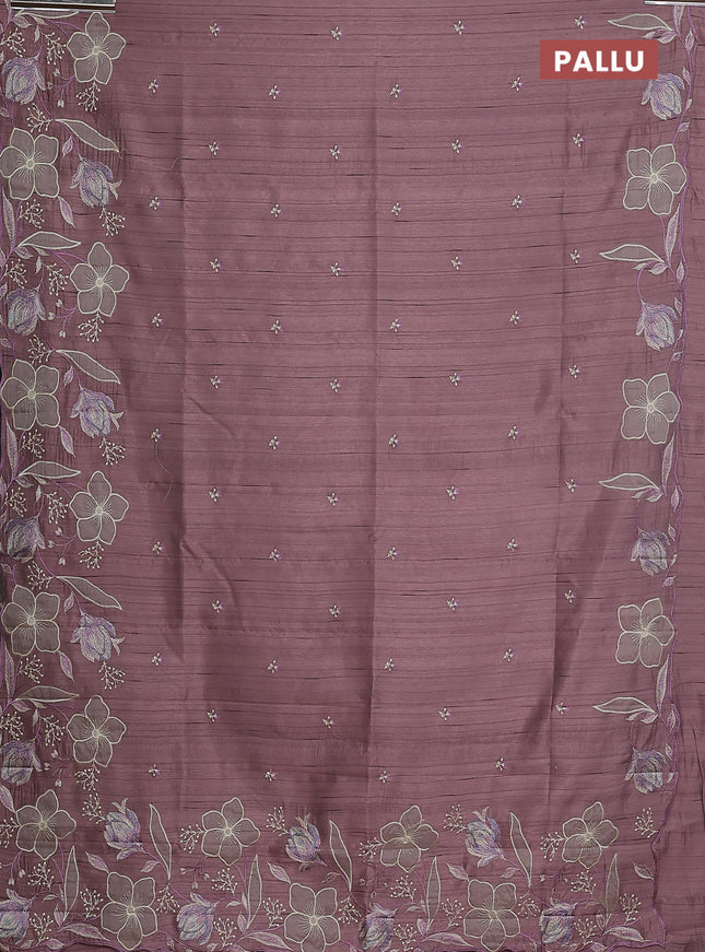 Semi raw silk saree pastel purple shade with embroidery work buttas and floral embroidery border