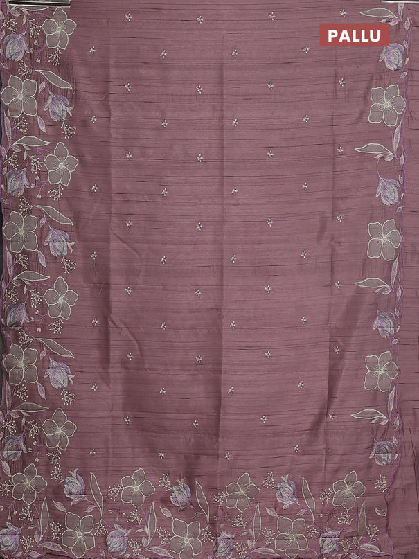 Semi raw silk saree pastel purple shade with embroidery work buttas and floral embroidery border
