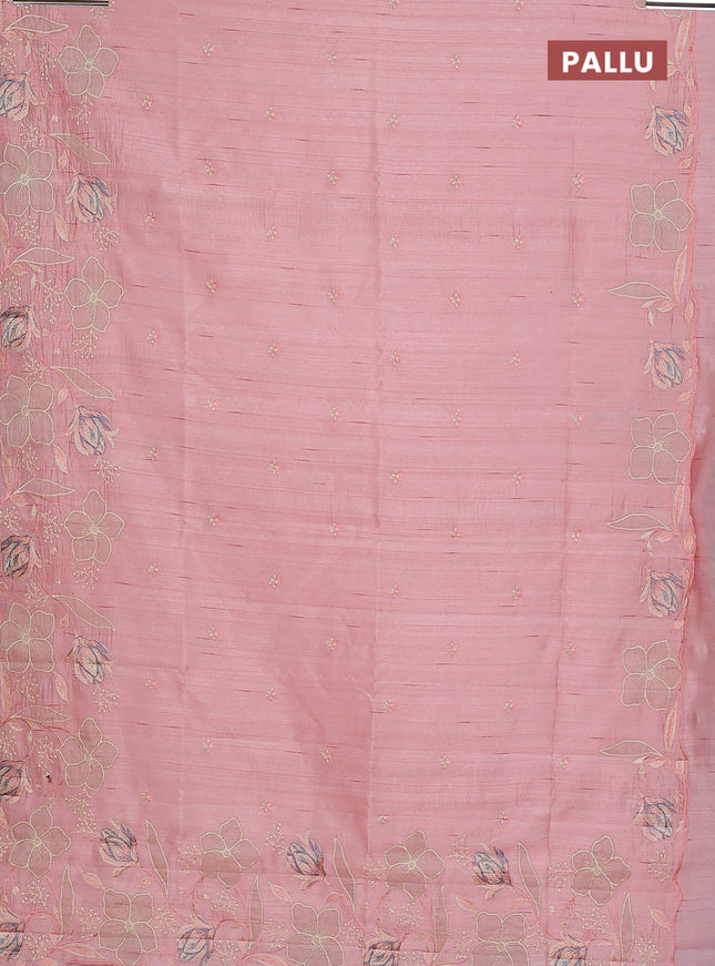 Semi raw silk saree mild peach orange with embroidery work buttas and floral embroidery border
