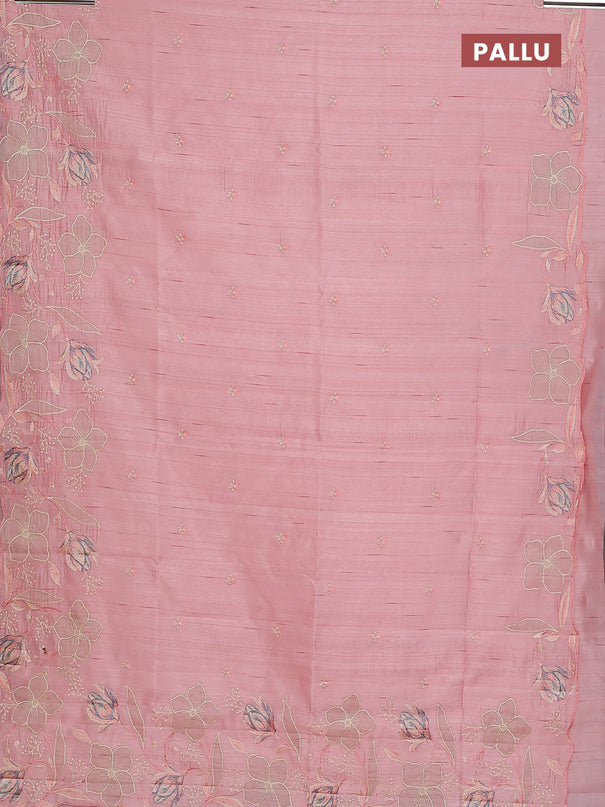 Semi raw silk saree mild peach orange with embroidery work buttas and floral embroidery border