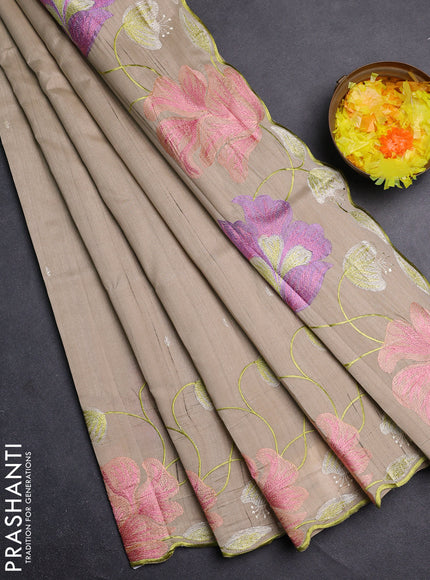 Semi raw silk saree beige with embroidery work buttas and floral embroidery border