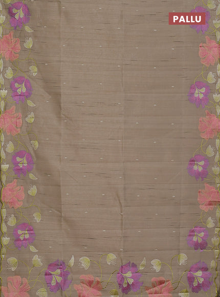 Semi raw silk saree beige with embroidery work buttas and floral embroidery border