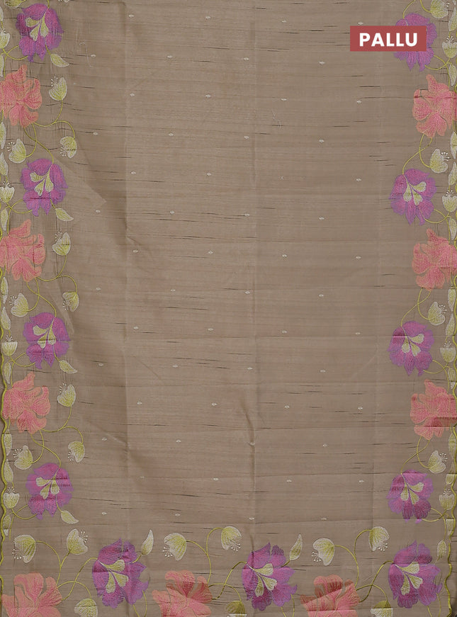 Semi raw silk saree beige with embroidery work buttas and floral embroidery border
