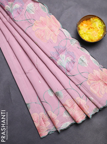 Semi raw silk saree pastel pink with embroidery work buttas and floral embroidery border
