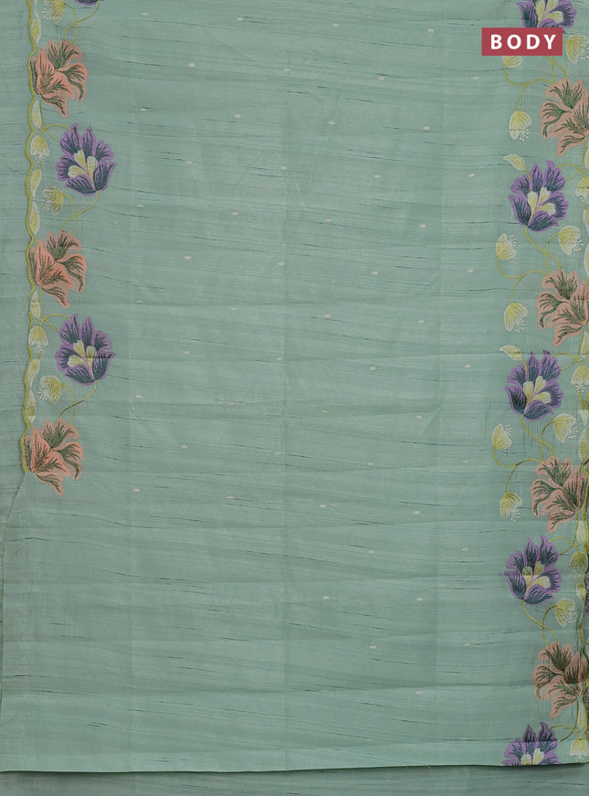 Semi raw silk saree pastel green with embroidery work buttas and floral embroidery border