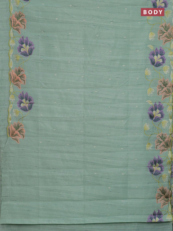 Semi raw silk saree pastel green with embroidery work buttas and floral embroidery border