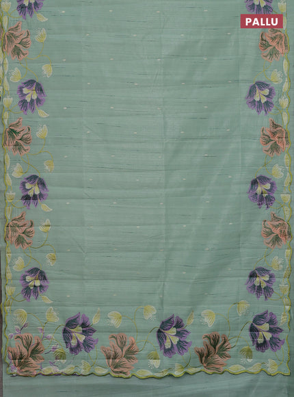 Semi raw silk saree pastel green with embroidery work buttas and floral embroidery border