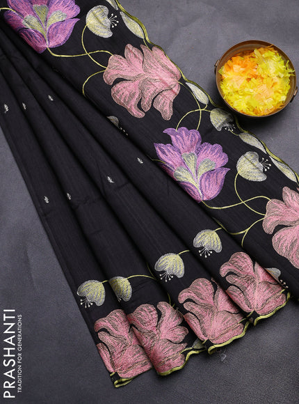Semi raw silk saree black with embroidery work buttas and floral embroidery border