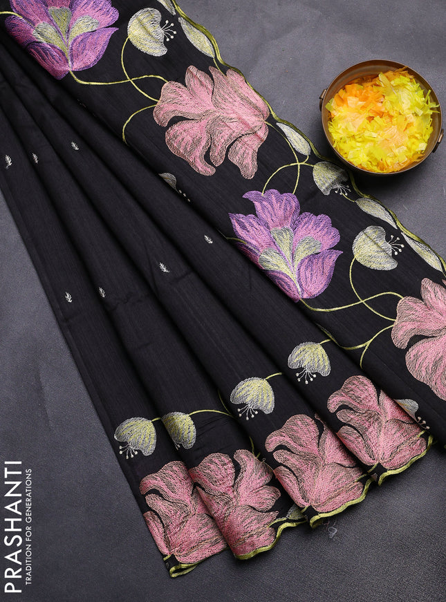 Semi raw silk saree black with embroidery work buttas and floral embroidery border