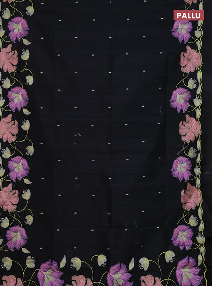 Semi raw silk saree black with embroidery work buttas and floral embroidery border
